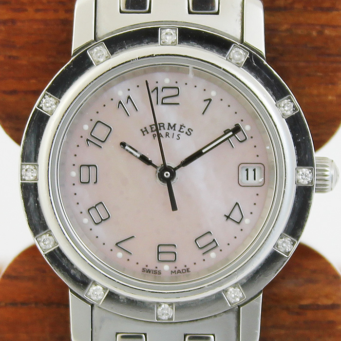 エルメス HERMES クリッパー ナクレ CL4 230 レディース 腕時計 12P ダイヤベゼル ピンクシェル 文字盤 クォーツ Clipper VLP 90204937